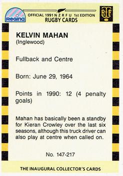 1991 Regina NZRFU 1st Edition #147 Kelvin Mahan Back